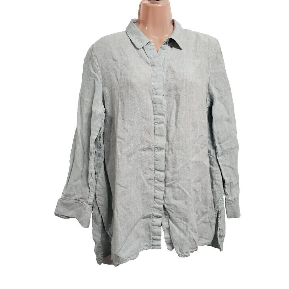Lafayette 148 NY Porto Linen Top Button Up Shirt Women Size M Light Blue